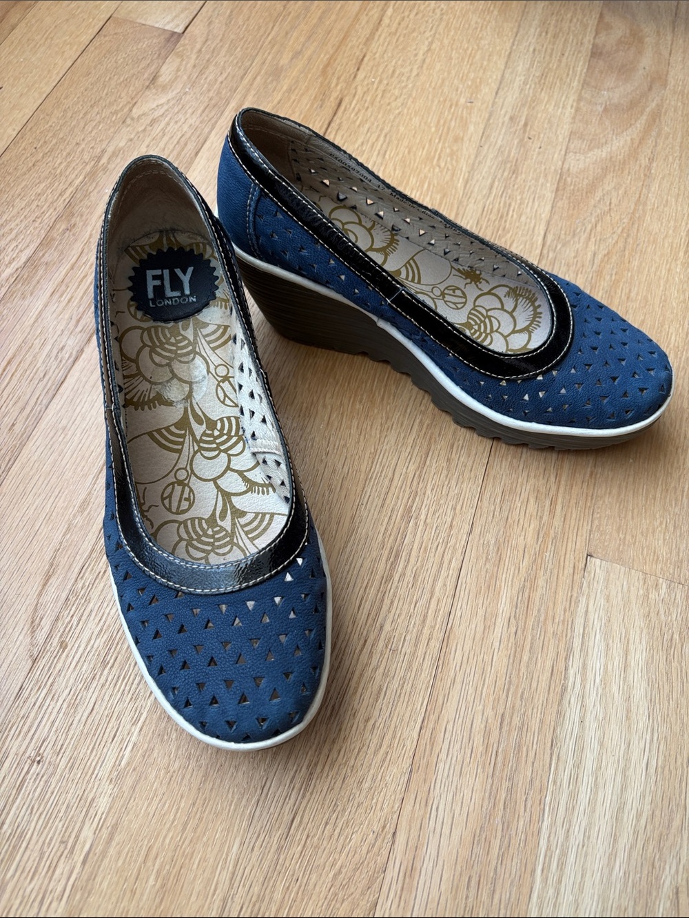 Fly London Navy Perforated Wedges